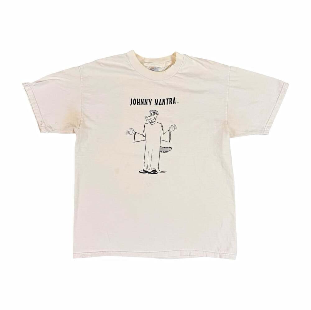 Vintage Johnny Mantra Graphic Print White Crew Neck T-Shirt Hanes Beefy T Size L